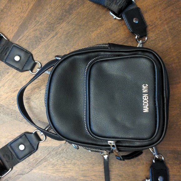Madden NYC Black Mini Backpack Purse – Vegan Leather Logo Strap Crossbody - Picture 3 of 14